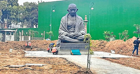 The statue of Mahatma Gandhi inside Parliament complex is being relocated for the prestigious project | PTI