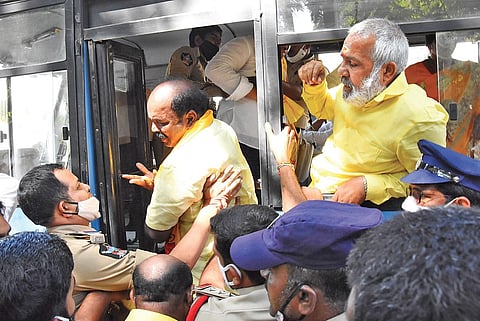 Police take TDP leaders into custody when they try to take out ‘Dharma Parirakshana Yatra’ from Alipiri in Tirupati. (Photo | Madhav K, EPS)