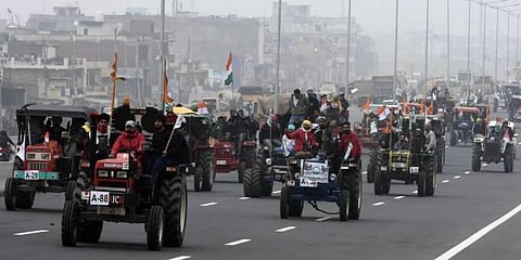 Farmers participating in a tractor rally on Delhi-Meerut Expressway on Thursday in a rehearsal for January 26 when they will move into Delhi. (Photo | Parveen Negi, EPS)