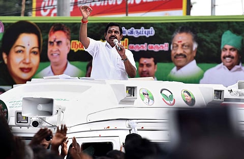 Tamil Nadu chief minister Edappadi K Palaniswami during his upcoming assembly election campaign at Selvapuram junction in Coimbatore. (Photo | A Raja Chidambaram, EPS)