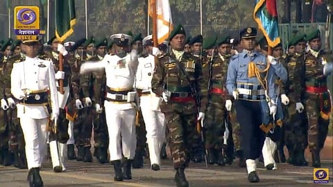 Marching Contingent & Band of Bangladesh Army participate in Republic Day parade. (Photo | Twitter/ANI)
