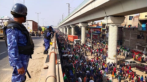 Massive Tractor Parade underway by farmers protesting against agri laws in Delhi during Republic Day on Tikri Border in New Delhi on Tuesday. (Photo | Parveen Negi, EPS)