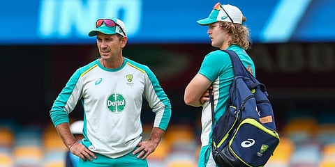 Australian coach Justin Lander (L) with batsman Will Pucovski (Photo | AP)