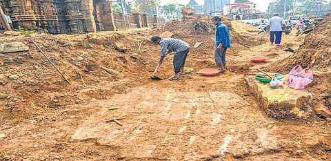 Remnants of a temple floor excavated near Suka-Sari temple complex on Wednesday. (Photo| EPS)