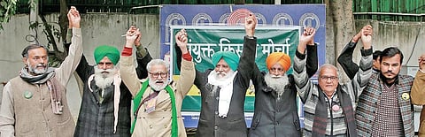 Members of the farmers’ unions present a united face at a press conference in New Delhi on Saturday. (Photo | EPS/Shekhar Yadav)