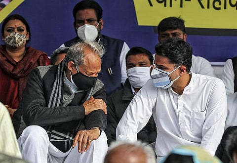 Rajasthan Chief Minister Ashok Gehlot with senior Congress leader Sachin Pilot during a protest against the Centre's new farm laws. (Photo | PTI)