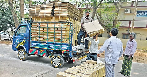 Election material being unloaded at RDO office in Penamaluru of Krishna district on Friday. (Photo | Prashant Madugula, EPS)