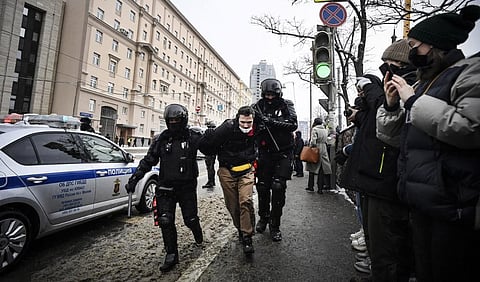 Police detain a man during a rally in support of jailed opposition leader Alexei Navalny in Moscow. (Photo| AFP)