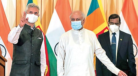 External Affairs Minister S Jaishankar with his Sri Lankan counterpart Dinesh Gunawardena after a joint media briefing in Colombo Wednesday | PTI