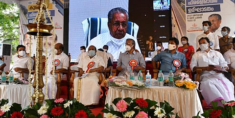 Kerala Chief Minister Pinarayi Vijayan inaugurating Vyttila flyover through video conferencing on Saturday morning. (Photo | Express))