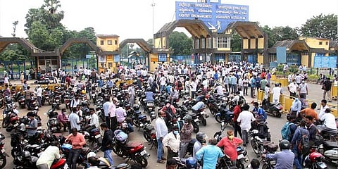 Visakha Ukku Parirakshana Porata committee leaders lay siege to the steel plant main gate in Visakhapatnam on Thursday I G Satyanarayana