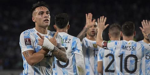 Argentina's Lautaro Martinez celebrates after scoring against Uruguay. (Photo | AFP)