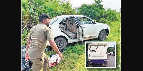 Private car of the miscreants and (inside) hijacked ATM cash carrying van. (Photo | Dinesh Das, EPS)