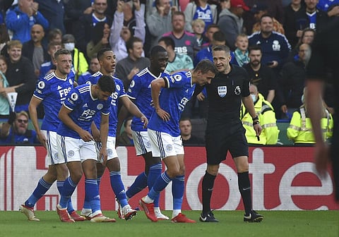 Leicester players celebrate after Jamie Vardy scored his side's third goal during match agaisnt Man United at King Power stadium in Leicester, England, Saturday (Photo | AP)