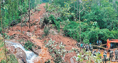 A scene from landslide-struck Kavali in Koottikkal, where a six-member family was washed away. Their house was situated in the middle of the landslide path. (Photo | EPS, Vishnu Prathap)