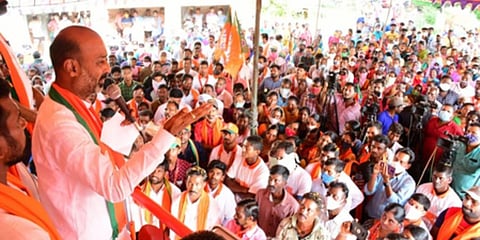 BJP chief Bandi Sanjay Kumar speaks during an election campaign. (Photo | EPS)