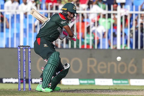 Bangladesh's Mohammad Naim bats during the Twenty20 World Cup match between Sri Lanka and Bangladesh in Sharjah, UAE, Sunday, Oct. 24, 2021. (Photo | AP)