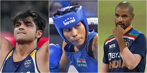 (From left) Neeraj Chopra, Lovlina Borgohain and Shikhar Dhawan. (File photo| AP and PTI)