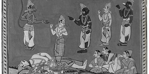 Ravana's Funeral, a painting on paper (dated 9 October 1757) by Nandigam Nagesam and Kamaroutu Venkatesam of Rajahmundry, Andhra Pradesh.