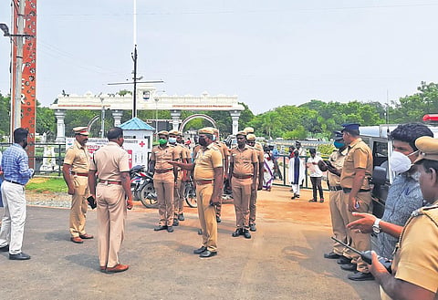 Police personnel in front of the Manonmaniam Sundaranar University