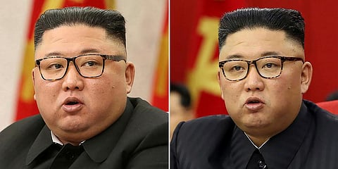 North Korean leader Kim Jong Un at Workers' Party meetings in Pyongyang, North Korea, on Feb. 8, 2021 (L) and June 15, 2021. (Photo | AP)