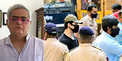 Director Hansal Mehta (L) and Aryan Khan outside the NCB office in Mumbai. (Photo| PTI)