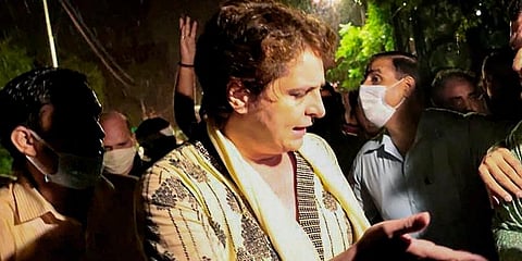 Congress general secretary Priyanka Gandhi on way reach to meet victims of violence that erupted during a farmers' protest in Lakhimpur Kheri, Monday, Oct. 4, 2021. (Photo | PTI)