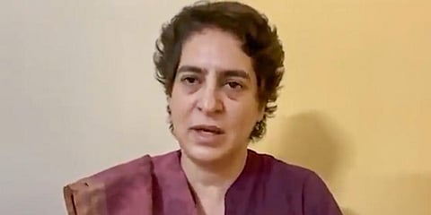 Congress General Secretary Priyanka Gandhi Vadra, who has been detained in Uttar Pradesh's Sitapur while on her way to visit violence-hit Lakhimpur district, speaks to media virtually. (Photo | PTI)