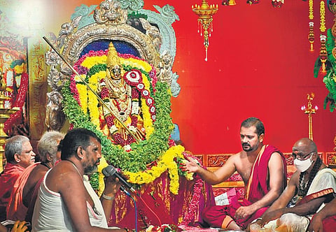 Goddess Kanaka Durga will adorn the avatar of Sri Bala Tripura Sundari Devi, on the second day of Dasara on Friday. (Photo | Express)