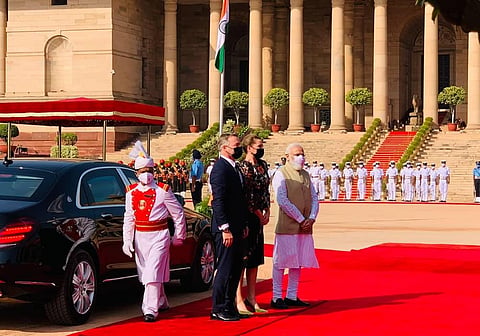 Indian PM Narendra Modi with his Denmark counterpart Mette Frederiksen (Photo | Twitter/@Statsmin)