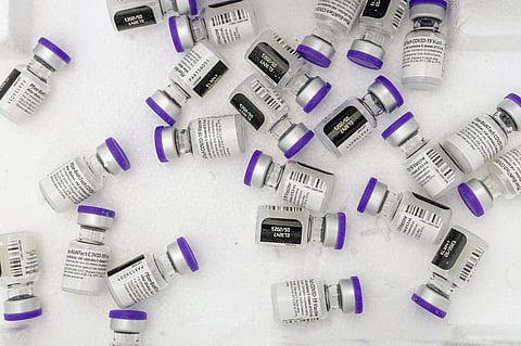 FILE - Vials of the Pfizer-BioNTech COVID-19 vaccine sit in a cooler before being thawed at a pop-up COVID-19 vaccination site in the Bronx borough of New York on Tuesday, Jan. 26, 2021. (AP)