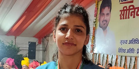 Wrestler Nisha Dahiya after winning gold in the women's 65kg category, at the National Wrestling Championship, Nov 11, 2021. (Photo | PTI)