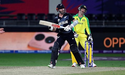 New Zealand's captain Kane Williamson hits a boundary during the T20 World Cup final match against Australia in Dubai, UAE, Sunday, Nov. 14, 2021. (Photo | AP)