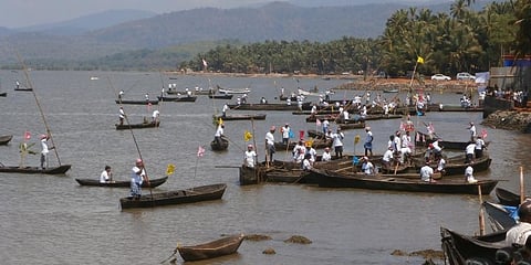 Fishermen head for their daily work from a small fishing port along the Aghanashini river.