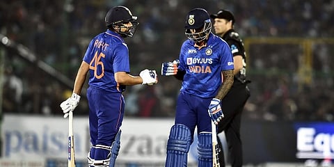 India's Rohit Sharma and Suryakumar Yadav during the first T20 match against New Zealand at Sawai Mansingh Stadium, in Jaipur, Wednesday, Nov 17, 2021. (Photo | PTI)