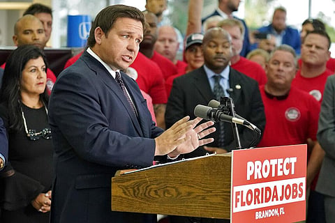 Florida Gov. Ron DeSantis speaks to supporters and members of the media before a bill signing Thursday, Nov. 18, 2021, in Brandon, Fla. (Photo | AP)