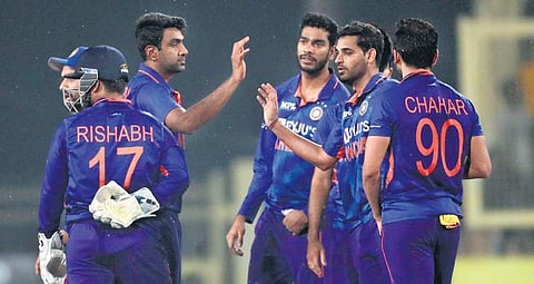 India’s R Ashwin (2nd L) celebrates after dismissing New Zealand’s Tim Seifert | AP