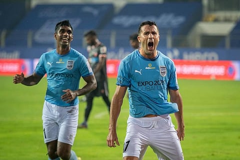 Igor Angulo of Mumbai City FC celebrates a goal during match 4 of season 8 of Indian Super League played between Mumbai City FC and FC Goa. (Photo | PTI)