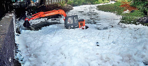 Froth whipped up by industrial effluents envelops Varthur Lake | Express