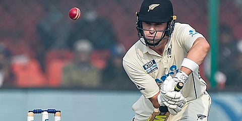 New Zealand batsman Will Young plays a shot during third day of the first Test cricket match between India and New Zealand, at Green Park stadium in Kanpur, Saturday, Nov. 27, 2021. (Photo | PTI)