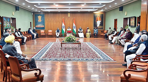 Vice President and Rajya Sabha Chairman M Venkaiah Naidu chairs a meeting of floor leaders of all parties on Sunday, a day before the beginning of the winter session of Parliament in New Delhi | PTI