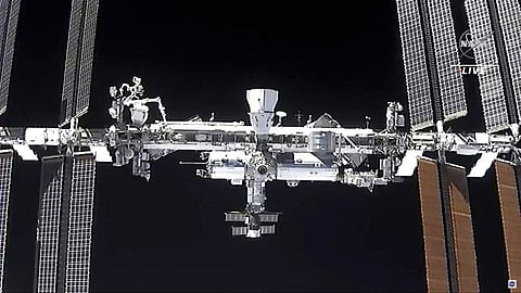 This image made from NASA TV shows the international space station, seen from the SpaceX Crew Dragon spacecraft Saturday (Photo | AP)