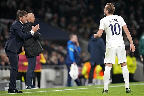 Tottenham's head coach Antonio Conte, left, talks to Harry Kane during Europa Conference League match against SBV Vitesse at Tottenham Hotspur Stadium in London, Thursday. (Photo | AP)