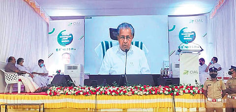 Chief Minister Pinarayi Vijayan speaking after inaugurating CIAL’s first hydroelectric power project at Arippa in Kozhikode on Saturday