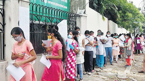 File photo of students arriving at a school in Chennai to appear for NEET | Express