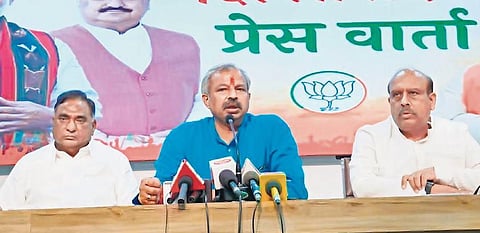 Delhi BJP chief Adesh Gupta and party leaders at a press meet. (File Photo | Express)