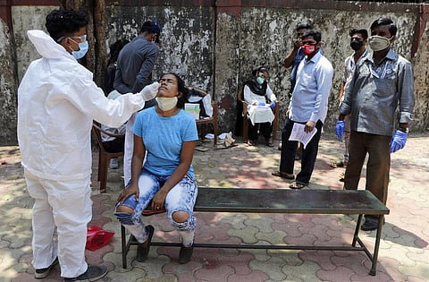 A health worker collects a swab samples to test for COVID-19 in Dharavi, one of Asia's largest slums, in Mumbai. (Photo | AP)