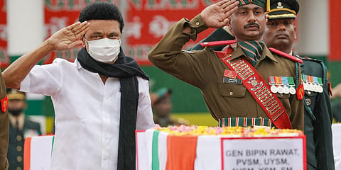 Tamil Nadu Chief Minister MK Stalin pays tribute to Chief of Defence Staff General Bipin Rawat and others. (PTI)