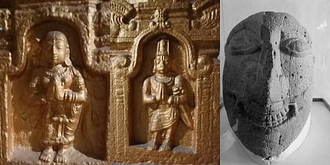 (Left, Centre) Portrait figures in the Holalkere Krishna temple in Chitradurga district in Karnataka, which are likely to be those of Tirumalamba, Krishna Deva Raya’s daughter, and her husband Aliya