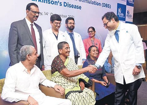 Dr Vijayashankar Paramanandam greets a patient during the press meet on Tuesday. (Photo | R Satish Babu)
